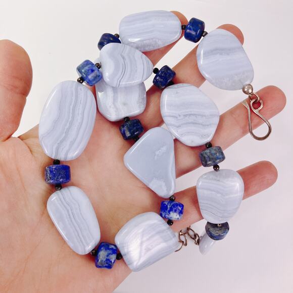 Signed Mine Finds By Jay King Blue Lace Agate Lapis Lazuli 925 Gemstone Necklace - Picture 4 of 13